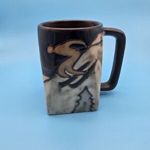 Mara Signed Stoneware Mug Skiers Mountains Snow‎ Square Coffe Tea Cup